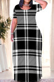 Tibetan Blue Casual Daily Plaid Contrast O Neck Printed Plus Size Dresses