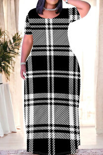 Black White Casual Daily Plaid Contrast O Neck Printed Plus Size Dresses
