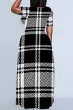 Tibetan Blue Casual Daily Plaid Contrast O Neck Printed Plus Size Dresses