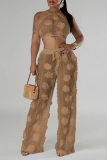 Brown Casual Flowers Patchwork See-Through Backless Cross Straps Strap Design Halter Sleeveless Two Pieces