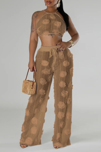 Brown Casual Flowers Patchwork See-Through Backless Cross Straps Strap Design Halter Sleeveless Two Pieces