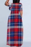 Tibetan Blue Casual Daily Plaid Contrast O Neck Printed Plus Size Dresses