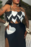 Black Celebrities Heart Shaped Patchwork Backless High Slit Spaghetti Strap Sleeveless Two Pieces