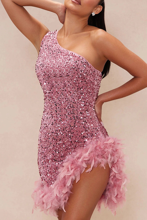 Pink Sexy Sequins Patchwork Backless Feather Hemline Oblique Collar Wrapped Skirt Dresses
