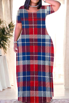 Red Blue Casual Daily Plaid Contrast O Neck Printed Plus Size Dresses