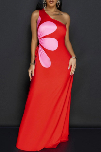 Red Celebrities Print Patchwork Backless Ruched Strap Design Oblique Collar Long Dresses