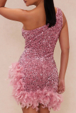 Pink Sexy Sequins Patchwork Backless Feather Hemline Oblique Collar Wrapped Skirt Dresses