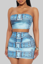 Light Blue Sexy Print Patchwork Backless Strapless Sleeveless Two Pieces
