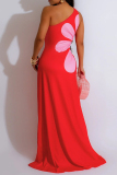 Red Celebrities Print Patchwork Backless Ruched Strap Design Oblique Collar Long Dresses