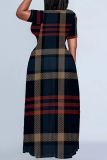 Tibetan Blue Casual Daily Plaid Contrast O Neck Printed Plus Size Dresses