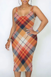 Grey Sexy Plaid Print Contrast U Neck Printed Dresses
