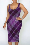 Grey Sexy Plaid Print Contrast U Neck Printed Dresses