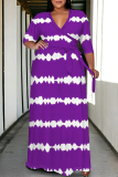 Orange Casual Daily Striped Print Lace Up Contrast V Neck Printed Plus Size Dresses