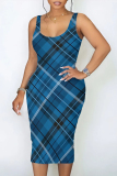 Grey Sexy Plaid Print Contrast U Neck Printed Dresses