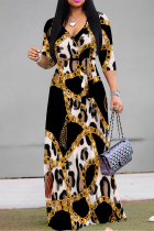Black Gold Casual Street Leopard Print Zebra Print Chain print Lace Up Contrast V Neck Printed Dresses