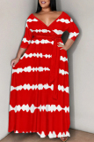 Orange Casual Daily Striped Print Lace Up Contrast V Neck Printed Plus Size Dresses