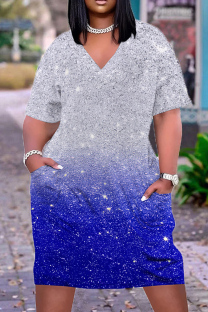 White Blue Casual Daily Gradient Print Pocket Sequined V Neck Printed Plus Size Dresses