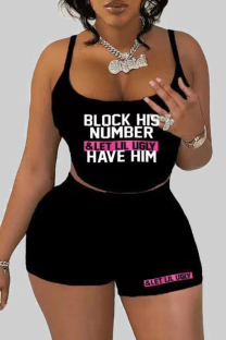 Black Sexy Letters Patchwork Backless Spaghetti Strap Sleeveless Two Pieces