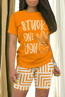 Orange Casual Daily Geometric Print Letter Print Contrast O Neck Short Sleeve Two Pieces