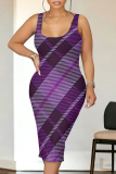 Grey Sexy Plaid Print Contrast U Neck Printed Dresses