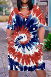Red Blue Casual Street Tie Dye Print Pocket Contrast V Neck Printed Plus Size Dresses