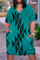 Lake Blue Casual Print Pocket Patchwork V Neck Straight Plus Size Dresses
