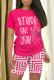 Orange Casual Daily Geometric Print Letter Print Contrast O Neck Short Sleeve Two Pieces