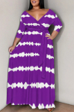 Orange Casual Daily Striped Print Lace Up Contrast V Neck Printed Plus Size Dresses