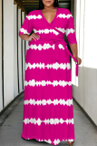 Orange Casual Daily Striped Print Lace Up Contrast V Neck Printed Plus Size Dresses