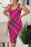 Grey Sexy Plaid Print Contrast U Neck Printed Dresses