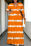 Orange Casual Daily Striped Print Lace Up Contrast V Neck Printed Plus Size Dresses