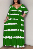 Orange Casual Daily Striped Print Lace Up Contrast V Neck Printed Plus Size Dresses