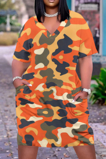 Orange Casual Camouflage Print Pocket Contrast V Neck Printed Plus Size Dresses