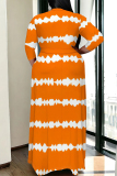 Orange Casual Daily Striped Print Lace Up Contrast V Neck Printed Plus Size Dresses