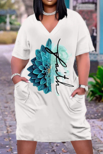 White Blue Casual Street Skull Letter Print Pocket V Neck Printed Plus Size Dresses