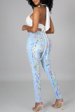 Baby Blue Street Print Pocket Buttons Patchwork Zipper High Waist Skinny Denim Jeans