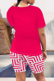 Orange Casual Daily Geometric Print Letter Print Contrast O Neck Short Sleeve Two Pieces