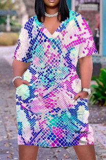 Blue Pink Casual Animal Print Snakeskin Print Pocket V Neck Printed Plus Size Dresses