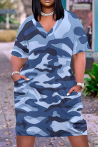 Blue Casual Camouflage Print Pocket Contrast V Neck Printed Plus Size Dresses