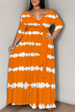 Orange Casual Daily Striped Print Lace Up Contrast V Neck Printed Plus Size Dresses
