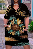Black Casual Daily Plants Print Pocket V Neck Printed Plus Size Dresses