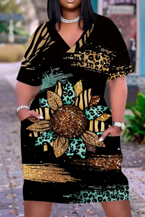 Black Casual Daily Plants Print Pocket V Neck Printed Plus Size Dresses
