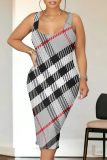 Grey Sexy Plaid Print Contrast U Neck Printed Dresses