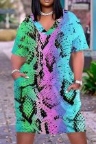 Multicolor Casual Animal Print Snakeskin Print Pocket V Neck Printed Plus Size Dresses