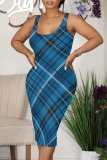 Grey Sexy Plaid Print Contrast U Neck Printed Dresses