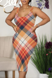 Grey Sexy Plaid Print Contrast U Neck Printed Dresses