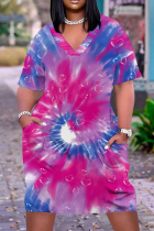 Pink Purple Casual Street Tie Dye Print Pocket Contrast V Neck Printed Plus Size Dresses