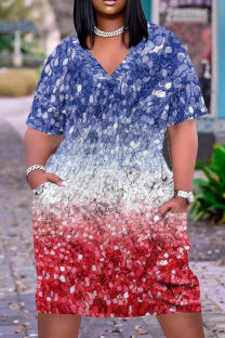 Blue White Casual Daily Gradient Print Pocket Sequined V Neck Printed Plus Size Dresses