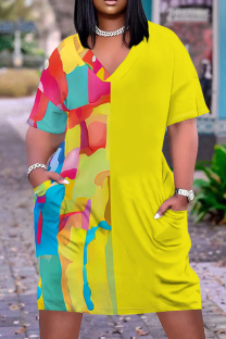 Yellow Casual Gradient Print Letter Print Pocket Contrast V Neck Printed Plus Size Dresses