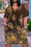 Brown Casual Animal Print Snakeskin Print Pocket V Neck Printed Plus Size Dresses